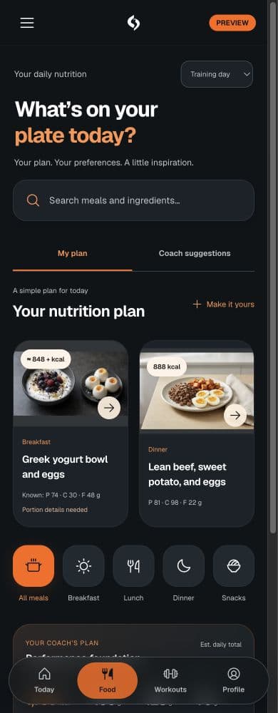 Real Human Food screen showing assigned nutrition and meal cards; demo account